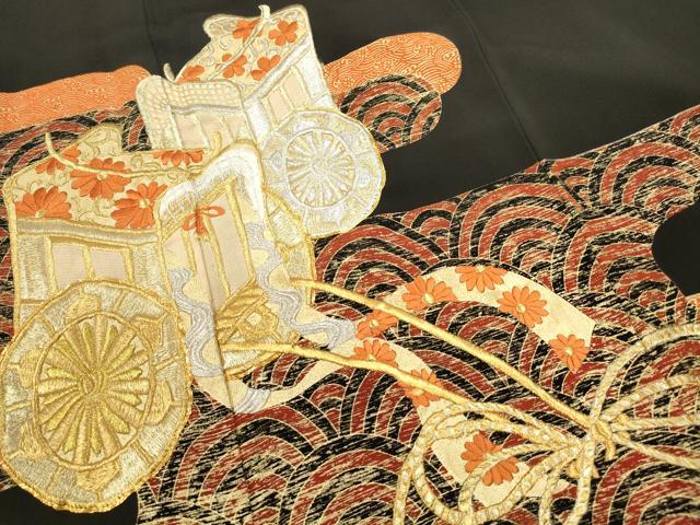 平和屋着物■豪華黒留袖　駒刺繍　御所車花文　金銀彩　正絹　逸品　DABA9401qa