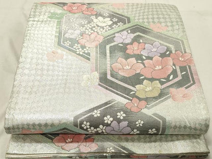 平和屋着物◎佐賀錦 六通柄袋帯 亀甲花文 銀糸 正絹 逸品 DABA9480qa