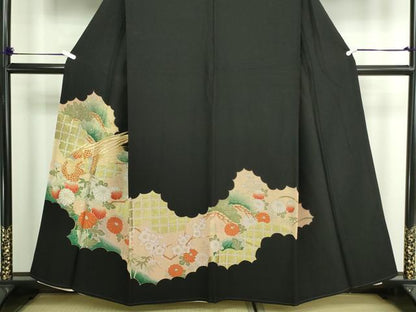 平和屋着物■豪華黒留袖　刺繍　尾長鳥花文　金銀彩　正絹　逸品　DABA9773sf