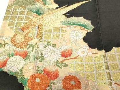 平和屋着物■豪華黒留袖　刺繍　尾長鳥花文　金銀彩　正絹　逸品　DABA9773sf