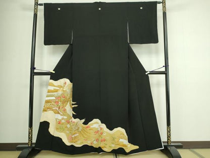 平和屋着物■豪華黒留袖 刺繍 尾長鳥花文 金銀彩 正絹 逸品 DABA9776sf