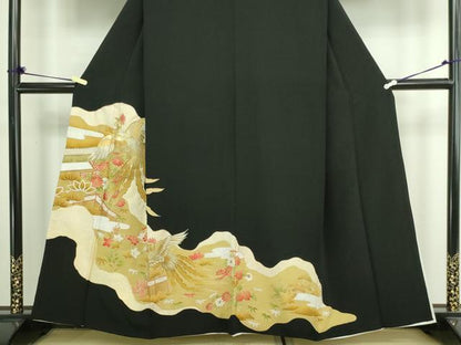 平和屋着物■豪華黒留袖 刺繍 尾長鳥花文 金銀彩 正絹 逸品 DABA9776sf