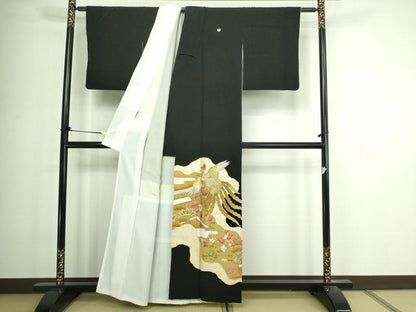 平和屋着物■豪華黒留袖 刺繍 尾長鳥花文 金銀彩 正絹 逸品 DABA9776sf