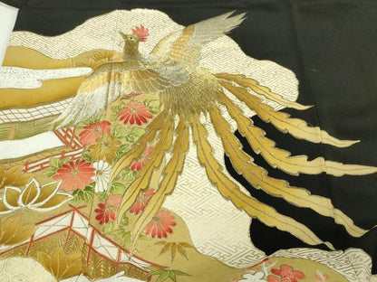 平和屋着物■豪華黒留袖 刺繍 尾長鳥花文 金銀彩 正絹 逸品 DABA9776sf