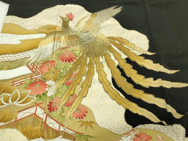 平和屋着物■豪華黒留袖 刺繍 尾長鳥花文 金銀彩 正絹 逸品 DABA9776sf