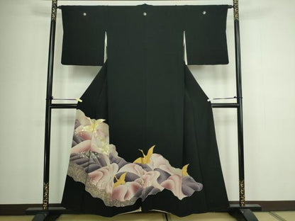 平和屋着物■豪華黒留袖　駒刺繍　流水飛鶴文　金彩　正絹　逸品　DABA9792sf