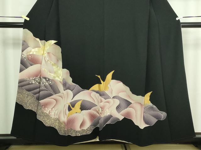 平和屋着物■豪華黒留袖　駒刺繍　流水飛鶴文　金彩　正絹　逸品　DABA9792sf