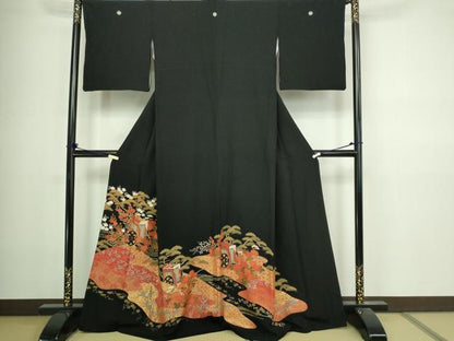 平和屋着物■豪華黒留袖 駒刺繍 御所車花文 金彩 正絹 逸品 DABA9801sf