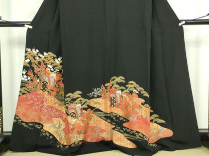 平和屋着物■豪華黒留袖 駒刺繍 御所車花文 金彩 正絹 逸品 DABA9801sf