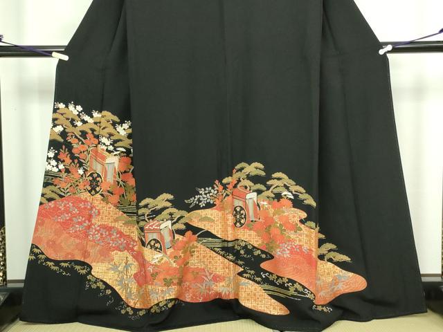 平和屋着物■豪華黒留袖 駒刺繍 御所車花文 金彩 正絹 逸品 DABA9801sf
