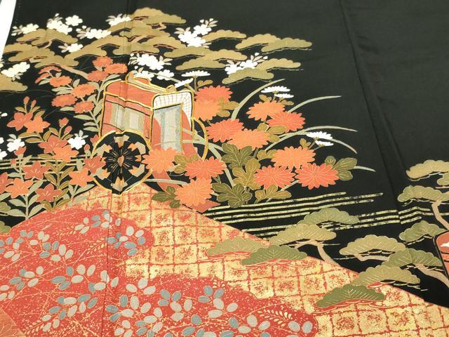 平和屋着物■豪華黒留袖 駒刺繍 御所車花文 金彩 正絹 逸品 DABA9801sf