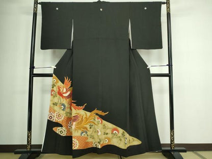 平和屋着物■豪華黒留袖 駒刺繍 鳳凰花文 金彩 正絹 逸品 DABA9850sf