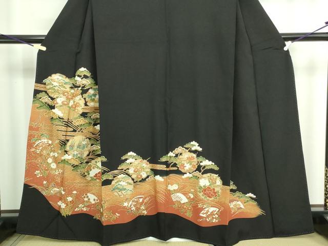 平和屋着物■豪華黒留袖 雪輪扇面草花文 金彩 正絹 逸品 DABA9899sf