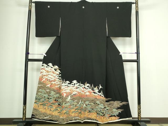 平和屋着物■豪華黒留袖 駒刺繍 飛鶴松文 金彩 正絹 逸品 DABA9908sf