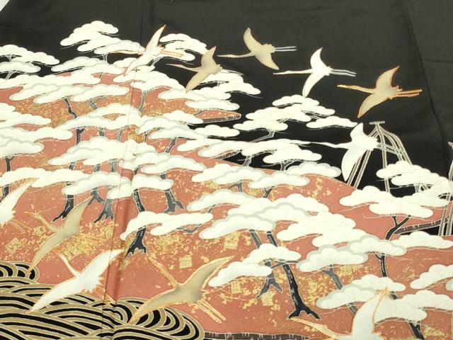 平和屋着物■豪華黒留袖 駒刺繍 飛鶴松文 金彩 正絹 逸品 DABA9908sf