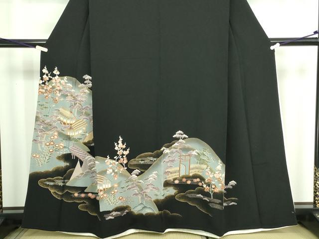 平和屋着物■豪華黒留袖 駒刺繍 風景文 松竹梅 金彩 正絹 逸品 DABA9912sf