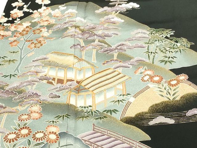 平和屋着物■豪華黒留袖 駒刺繍 風景文 松竹梅 金彩 正絹 逸品 DABA9912sf