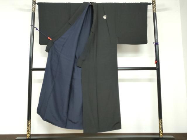 平和屋着物●男性　黒紋付　長羽織セット　羽裏：鷹　正絹　逸品　DABB0011ud