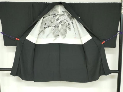 平和屋着物●男性　黒紋付　長羽織セット　羽裏：鷹　正絹　逸品　DABB0011ud
