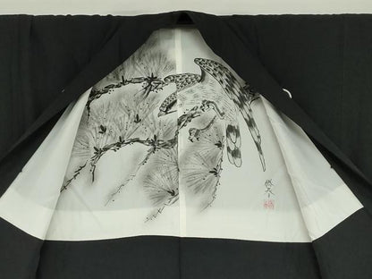 平和屋着物●男性　黒紋付　長羽織セット　羽裏：鷹　正絹　逸品　DABB0011ud