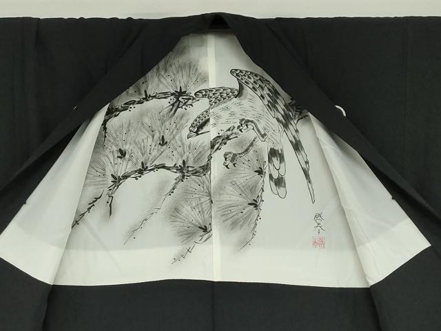 平和屋着物●男性　黒紋付　長羽織セット　羽裏：鷹　正絹　逸品　DABB0011ud
