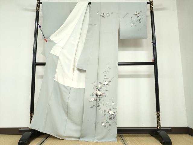 着物リメイク　訪問着　作家物　紬地　手描き　枝花文　落款あり　正絹から作務衣 着物リメイク 訪問着 作家物 紬地 手描き 枝花文 落款あり 正絹から