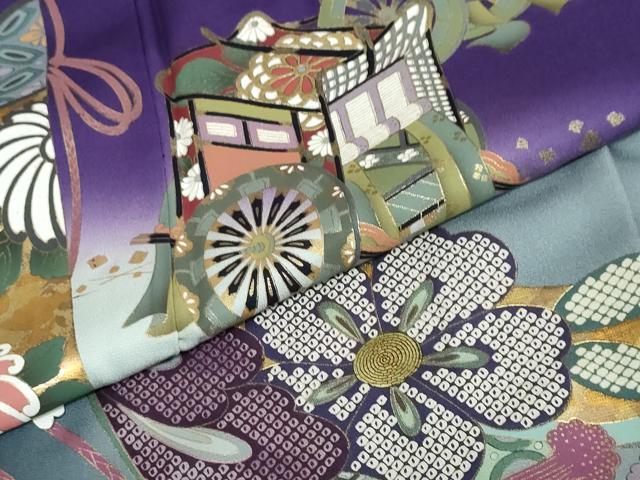 平和屋着物○豪華振袖 几帳御所車草花文 暈し染め 金彩 正絹 逸品