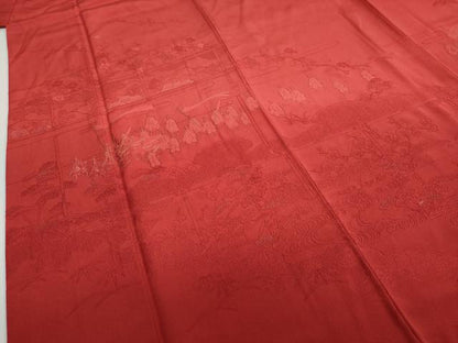 平和屋着物●中国三大刺繍 スワトウ刺繍 汕頭刺繍 総刺繍 振袖 風景人物文 赤紅色 暈し染め 金糸 正絹 逸品 DABB0051ud