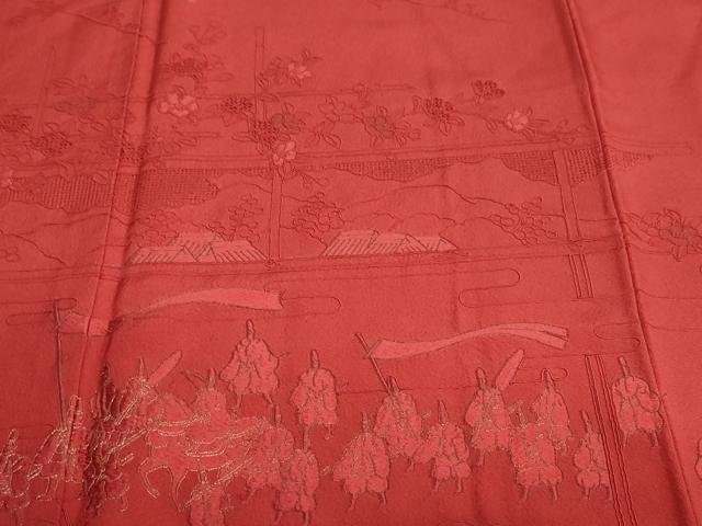 平和屋着物●中国三大刺繍 スワトウ刺繍 汕頭刺繍 総刺繍 振袖 風景人物文 赤紅色 暈し染め 金糸 正絹 逸品 DABB0051ud