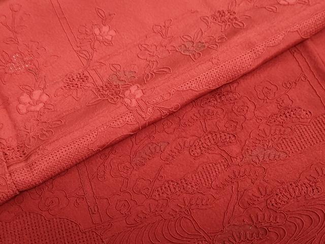 平和屋着物●中国三大刺繍 スワトウ刺繍 汕頭刺繍 総刺繍 振袖 風景人物文 赤紅色 暈し染め 金糸 正絹 逸品 DABB0051ud