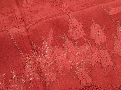 平和屋着物●中国三大刺繍 スワトウ刺繍 汕頭刺繍 総刺繍 振袖 風景人物文 赤紅色 暈し染め 金糸 正絹 逸品 DABB0051ud