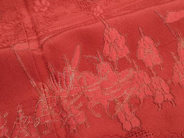 平和屋着物●中国三大刺繍 スワトウ刺繍 汕頭刺繍 総刺繍 振袖 風景人物文 赤紅色 暈し染め 金糸 正絹 逸品 DABB0051ud