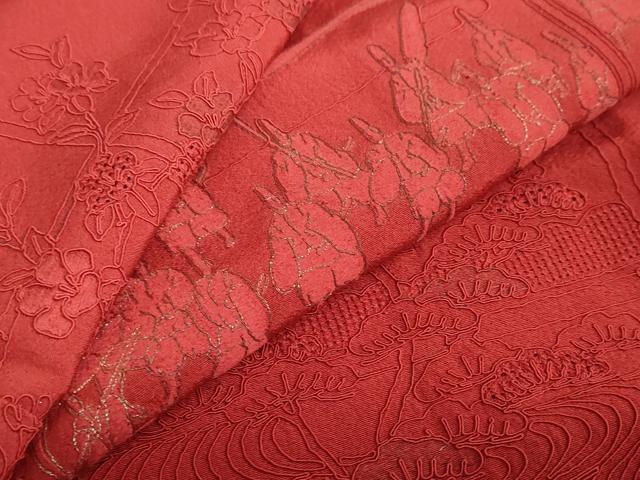 平和屋着物●中国三大刺繍 スワトウ刺繍 汕頭刺繍 総刺繍 振袖 風景人物文 赤紅色 暈し染め 金糸 正絹 逸品 DABB0051ud