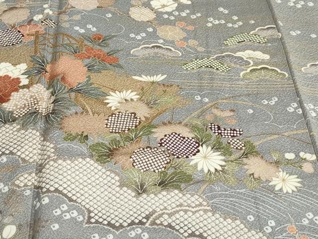 平和屋着物●訪問着 雲取り鹿の子草花文 金彩 正絹 逸品 DABB0054ud