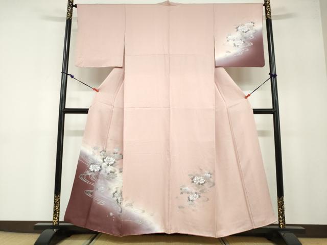 平和屋着物●訪問着　流水草花文　暈し染め　銀彩　やまと誂製　正絹　逸品　DABB0064ud