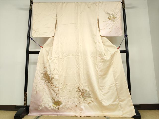 平和屋着物●訪問着　扇面草花文　暈し染め　金彩　ロング丈　正絹　逸品　DABB0081ud