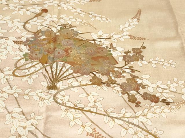 平和屋着物●訪問着　扇面草花文　暈し染め　金彩　ロング丈　正絹　逸品　DABB0081ud