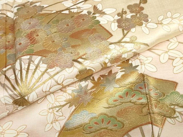 平和屋着物●訪問着　扇面草花文　暈し染め　金彩　ロング丈　正絹　逸品　DABB0081ud