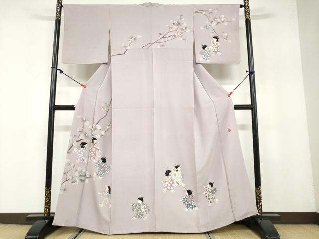 508mh13☆十日町友禅作家 関口遼一 訪問着 落款有 童 紫☆しつけ付き美品 平和屋着物○十日町友禅作家 関口遼一 訪問着 童子遊び 正絹 逸品