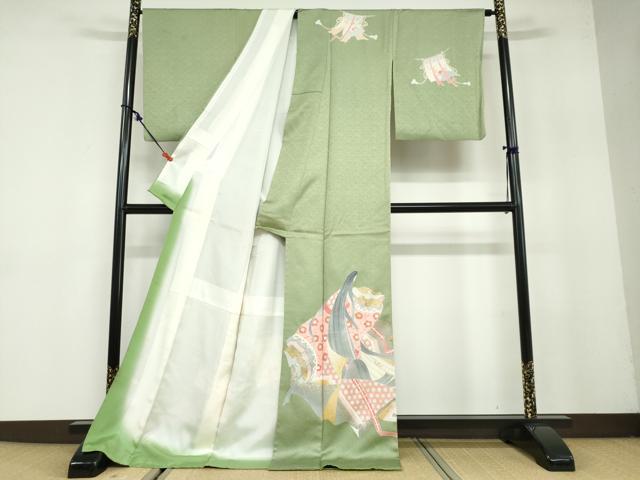 平和屋着物●訪問着　女人几帳草花文　金彩　ロング丈　正絹　逸品　DABB0107ud