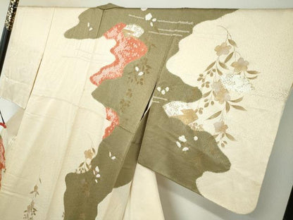 平和屋着物●訪問着　絞り　刺繍　地紙草花文　金銀彩　正絹　逸品　DABB0108ud