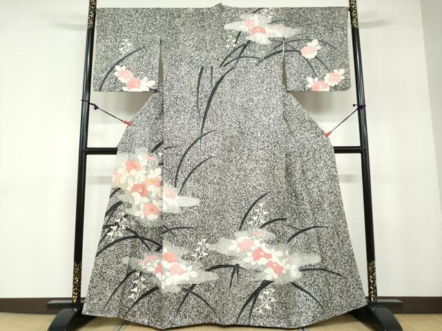 平和屋着物●訪問着　駒刺繍　草花文　たたき染め　銀彩　正絹　逸品　DABB0122ud