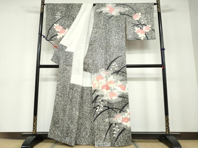 平和屋着物●訪問着　駒刺繍　草花文　たたき染め　銀彩　正絹　逸品　DABB0122ud