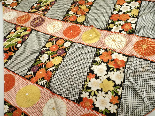 平和屋着物●上質な小紋　駒刺繍　鹿の子宝尽くし草花文　黒地　金彩　正絹　逸品　DABB0124ud