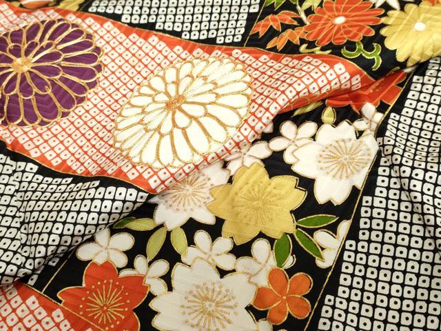 平和屋着物●上質な小紋　駒刺繍　鹿の子宝尽くし草花文　黒地　金彩　正絹　逸品　DABB0124ud