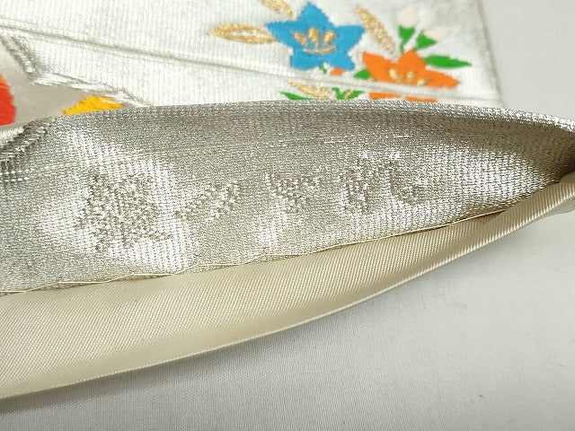 平和屋着物◎六通柄袋帯 唐織 銀つづれ 雲取り鳳凰草花文 金銀糸 正絹 逸品 DABB0128ud