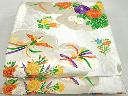 平和屋着物◎六通柄袋帯 唐織 銀つづれ 雲取り鳳凰草花文 金銀糸 正絹 逸品 DABB0128ud