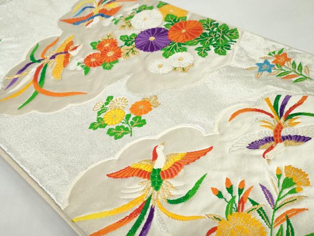 平和屋着物◎六通柄袋帯 唐織 銀つづれ 雲取り鳳凰草花文 金銀糸 正絹 逸品 DABB0128ud