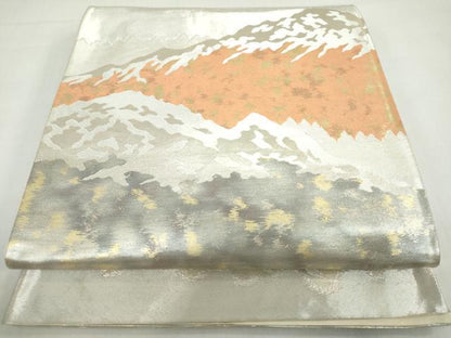 平和屋着物◎六通柄袋帯　遠山風景文　銀糸　引箔　正絹　逸品　DABB0162ud