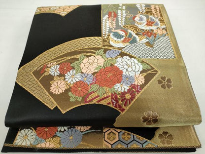 平和屋着物◎六通柄袋帯 地紙重ね花鳥文 黒地 金銀糸 正絹 逸品 DABB0223ud